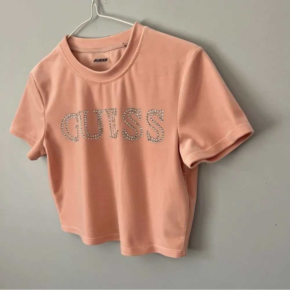 Guess Rhinestone Front Logo Powder Pink Velour Cropped Short Sleeve Shirt Size S